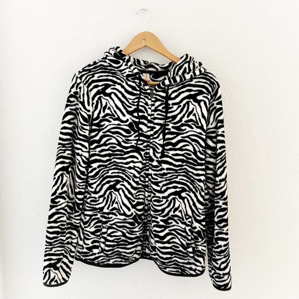 No Boundaries Black White Zebra Plush Zipper Hoodie XL
